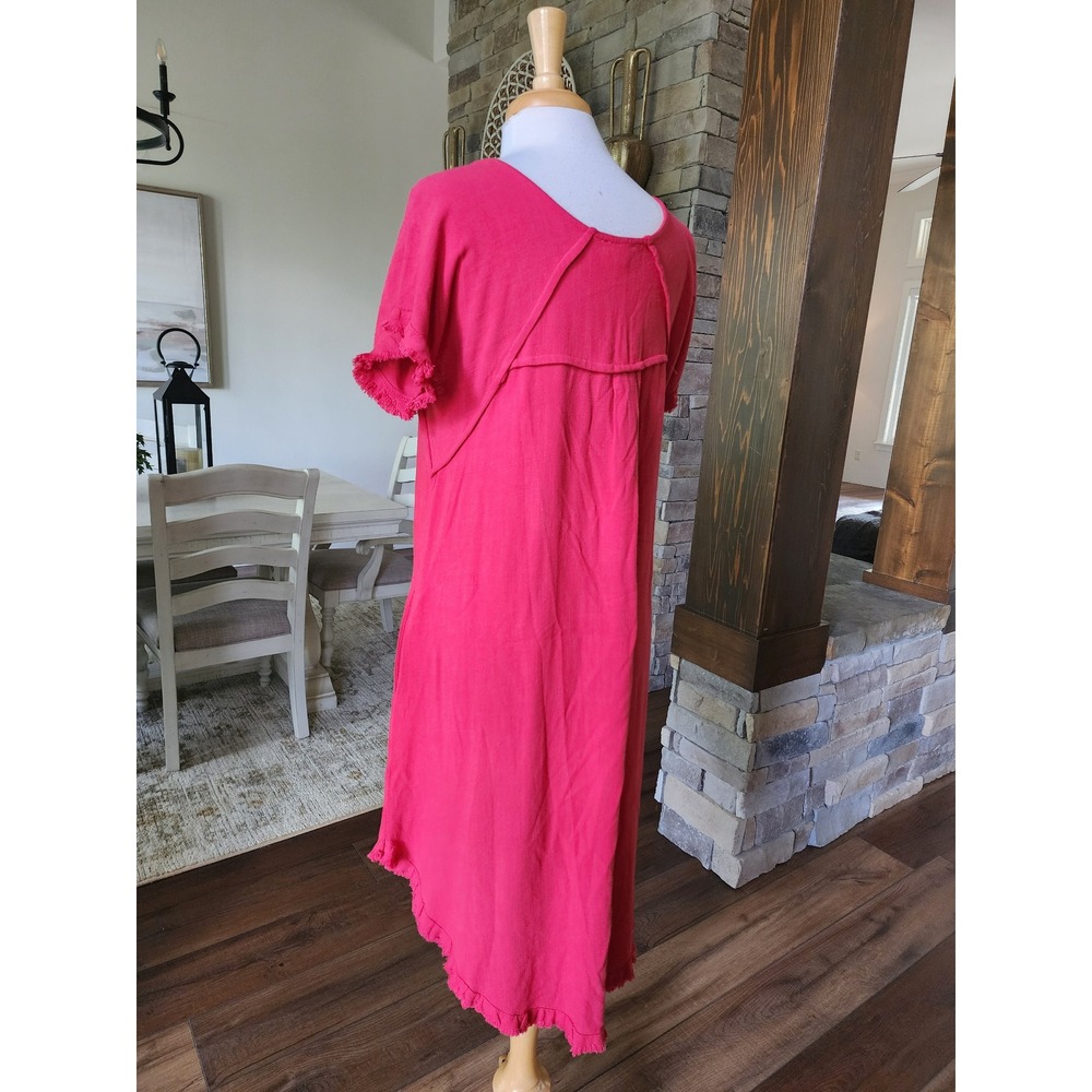 Umgee Red‎ Linen Blend Frayed Hem High Low Midi Shift Dress Oversized Small - Picture 5 of 9